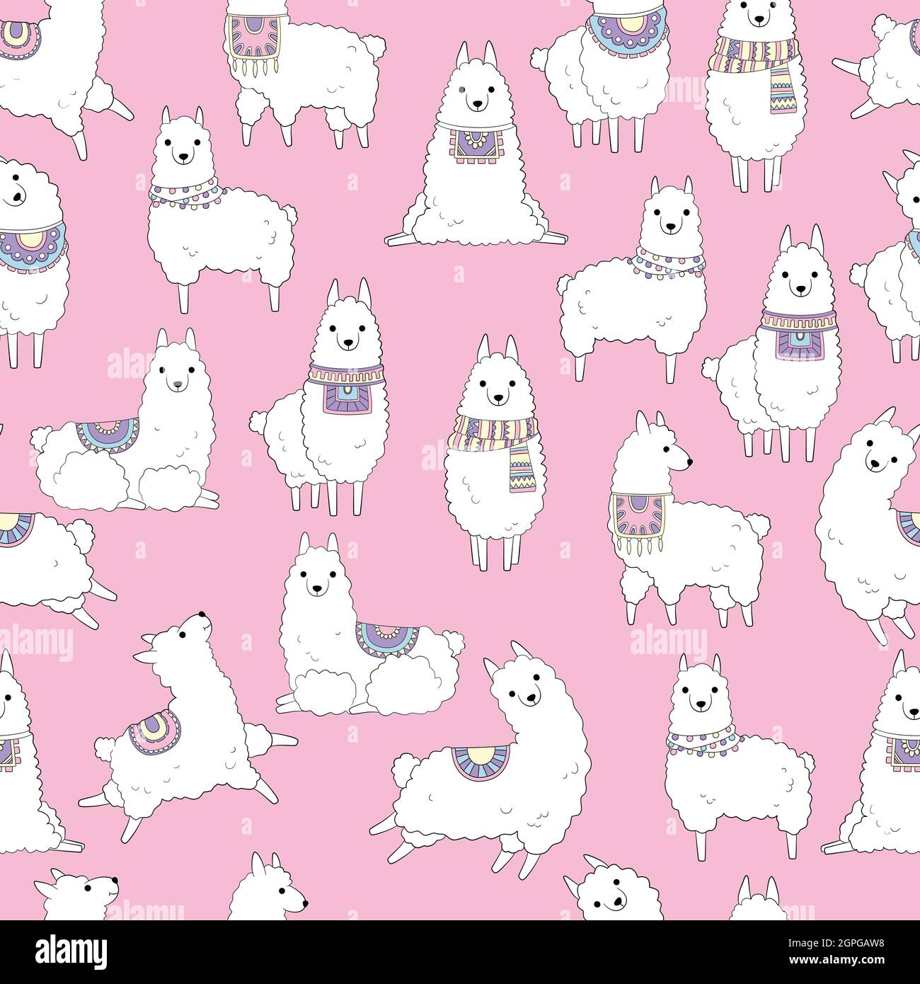 Lamas-Muster. Ethnische Textil nahtlose Hintergrund mit niedlichen wilden Kamelen und Kaktus trendige Bilder Alpaka Vektor Stock Vektor