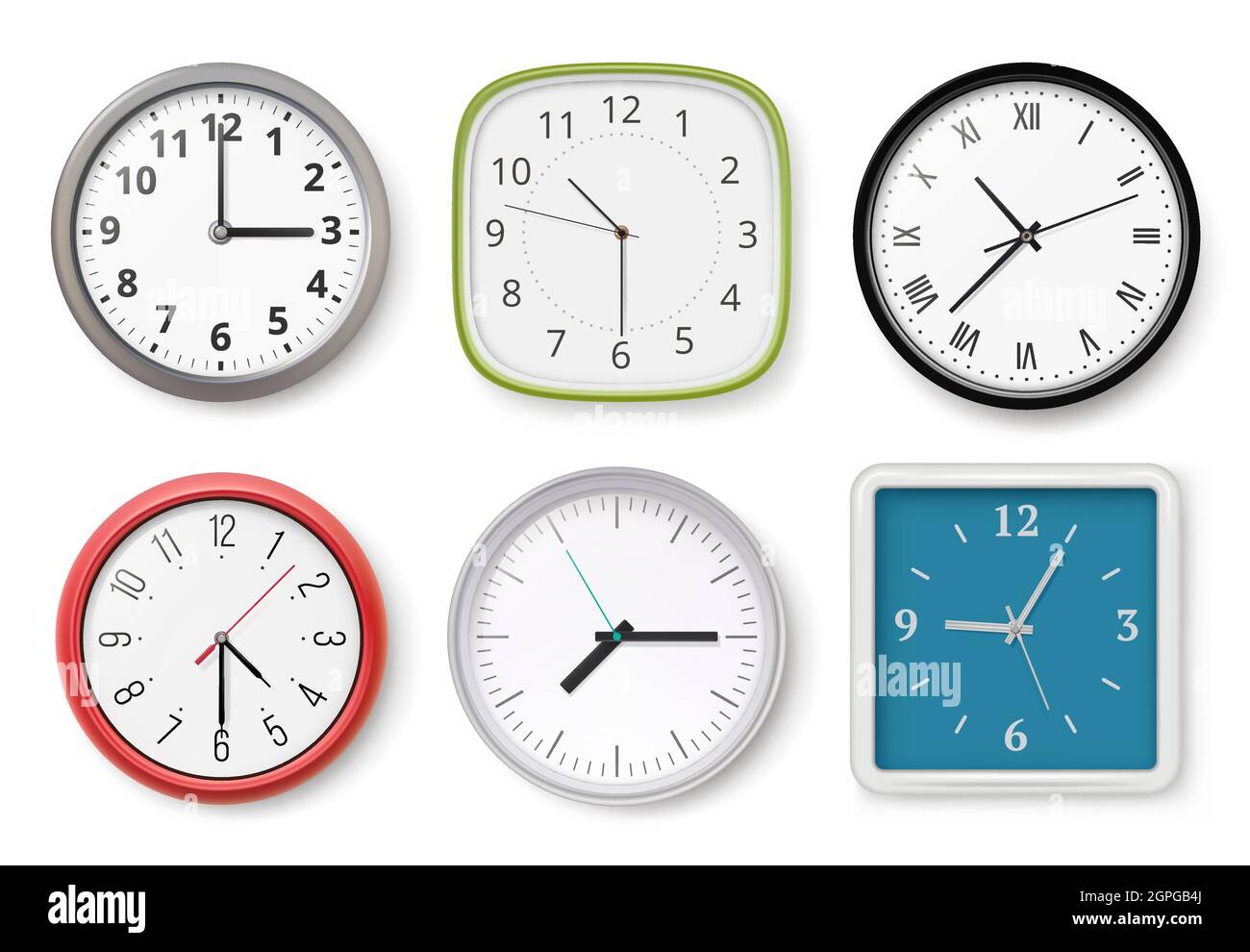 Realistische Uhren. Moderne Wanduhren Business Chronometer Zifferblatt Pfeile hell und dunkel Vorlagen Stock Vektor
