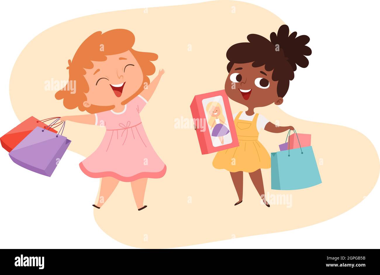 Mädchen mit Geschenken. Glückliche kleine Prinzessinnen mit Schachteln und Taschen. Niedliche Cartoon afro amerikanischen Baby-Shopping-Charakter. Internationale Freundschaft, Kinder Stock Vektor