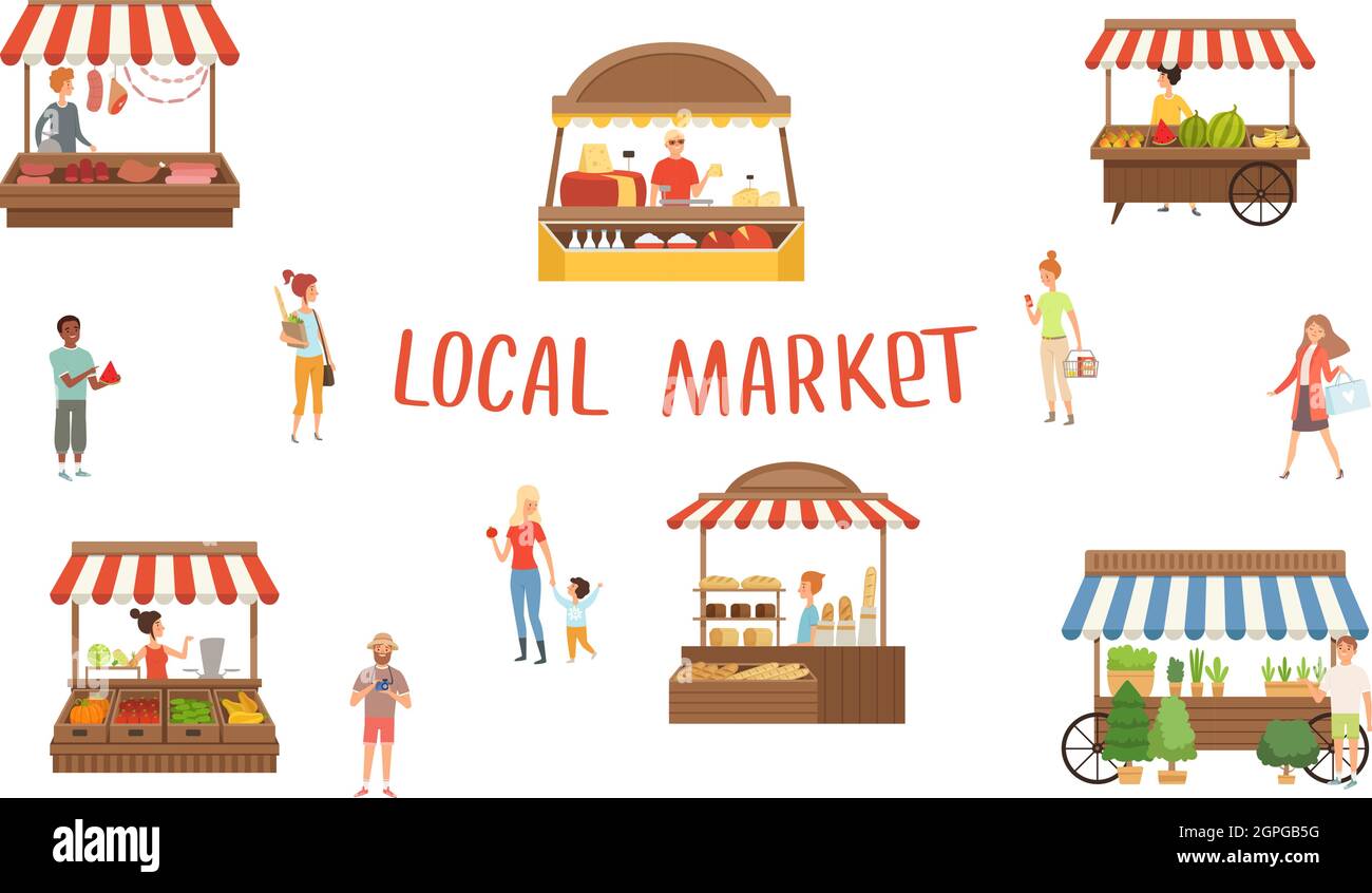 Lokaler Markt. Food Festival, Verkäufer und Kunden. Sommer Straßenstände Vektor-Illustration Stock Vektor