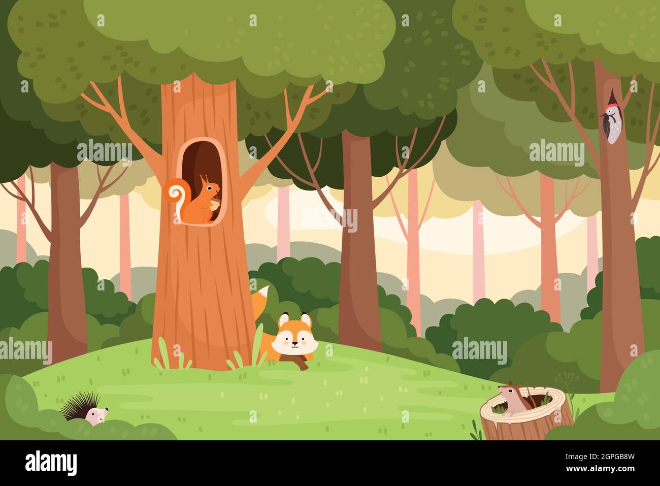 Waldlandschaft. Bäume mit Löchern für wilde Tiere Haus in Holzstamm für Vögel Eichhörnchen Fuchs Vektor Cartoon Hintergrund Stock Vektor