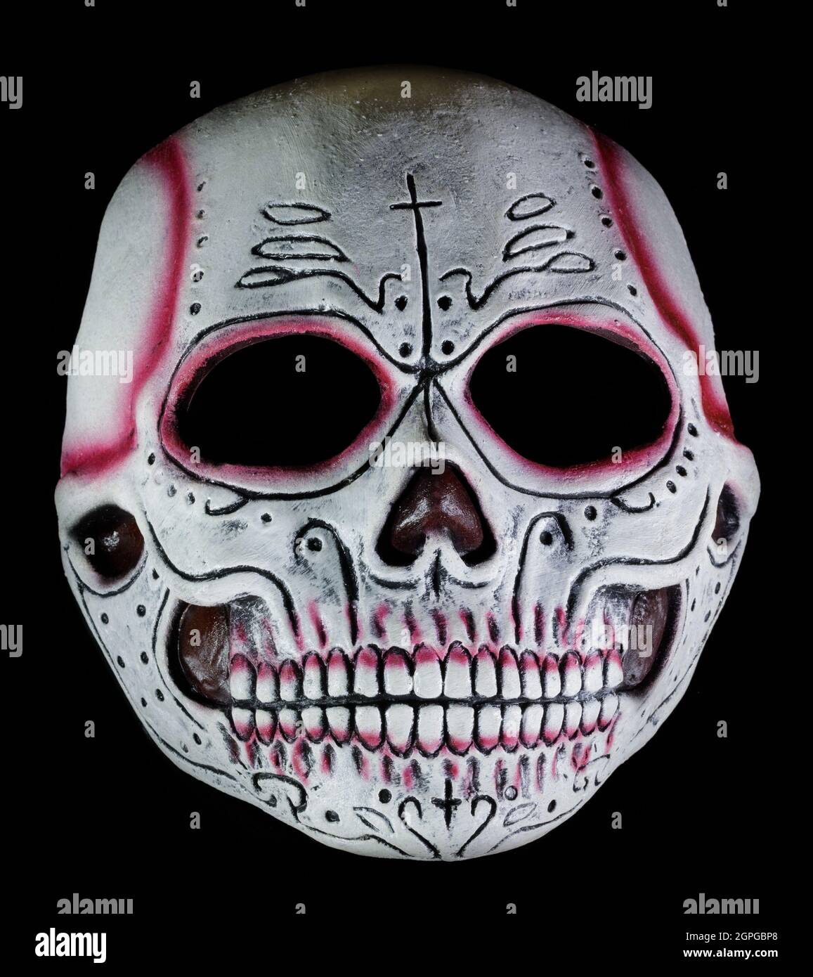 Red Sugar Skull Skelett Halbmaske Isoliert Auf Schwarzem Hintergrund Stockfoto