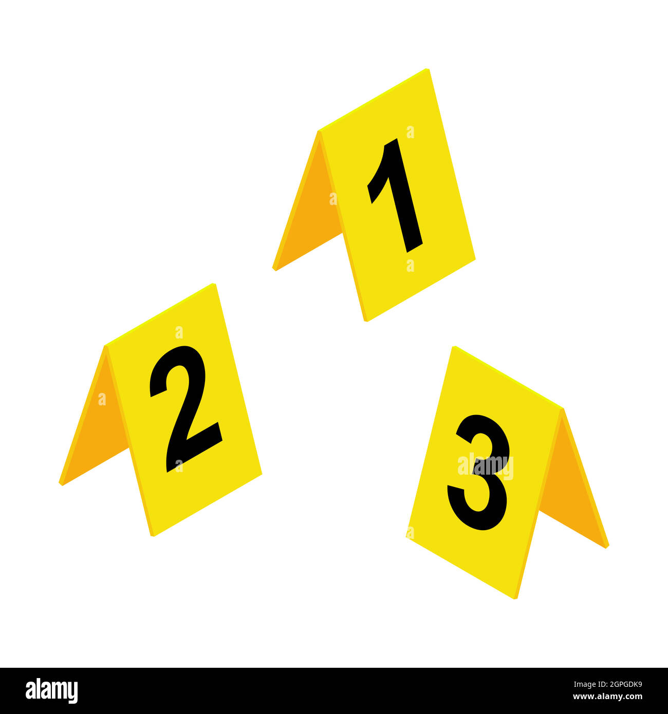 Symbol für Tatortmarkierungen. Gelbes Prüfetikett aus Kunststoff mit den Nummern eins, zwei, drei. Kriminalistische Vektordarstellung isoliert auf weißem Hintergrund. Stock Vektor