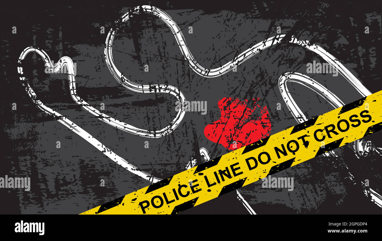 Tatort Hintergrund mit gelbem Klebeband der Polizei und Leiche mit Blut. Vektor-Illustration von Kriminalrätsel Mord. Stock Vektor