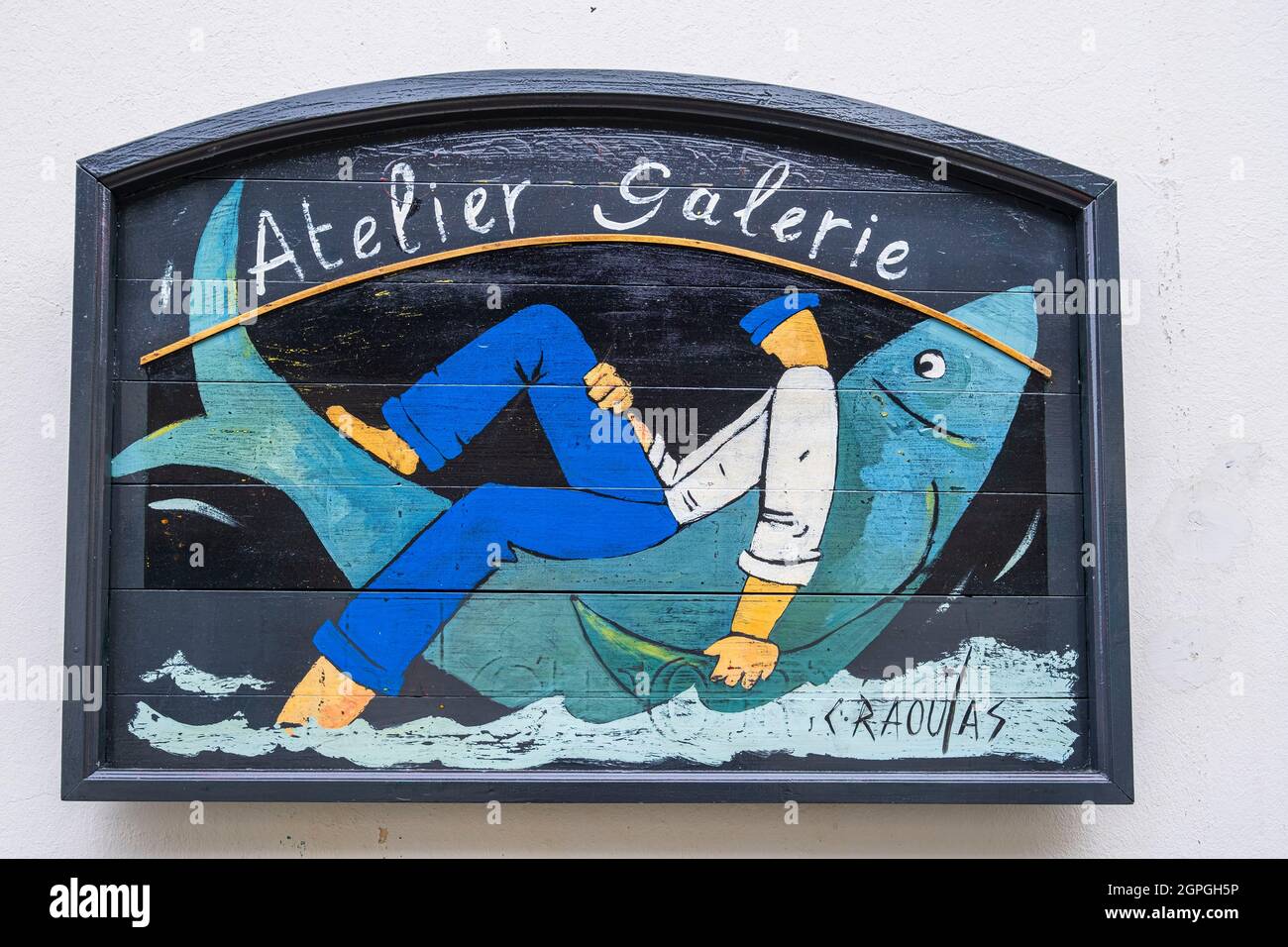 Frankreich, Morbihan, Groix Island, Port Tudy, Zeichen einer Gemäldegalerie Stockfoto