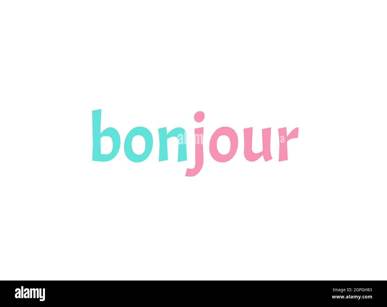 Wort „bonjour“ auf weißem Hintergrund, „Guten Morgen“ in französischer Sprache. Stockfoto