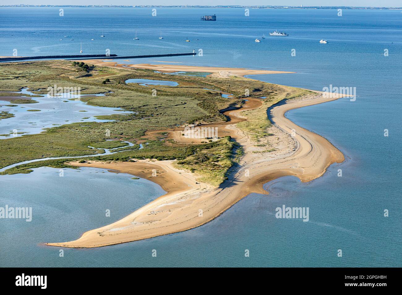 Frankreich, Charente Maritime, Saint Pierre d'Oleron, Sandbank La Perrotine vor Fort Boyard (Luftaufnahme) Stockfoto