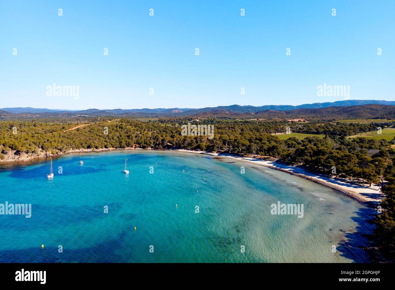 France, Var, Bormes les Mimosas, Cap Leoube und Estagnol Beach (Luftaufnahme) Stockfoto