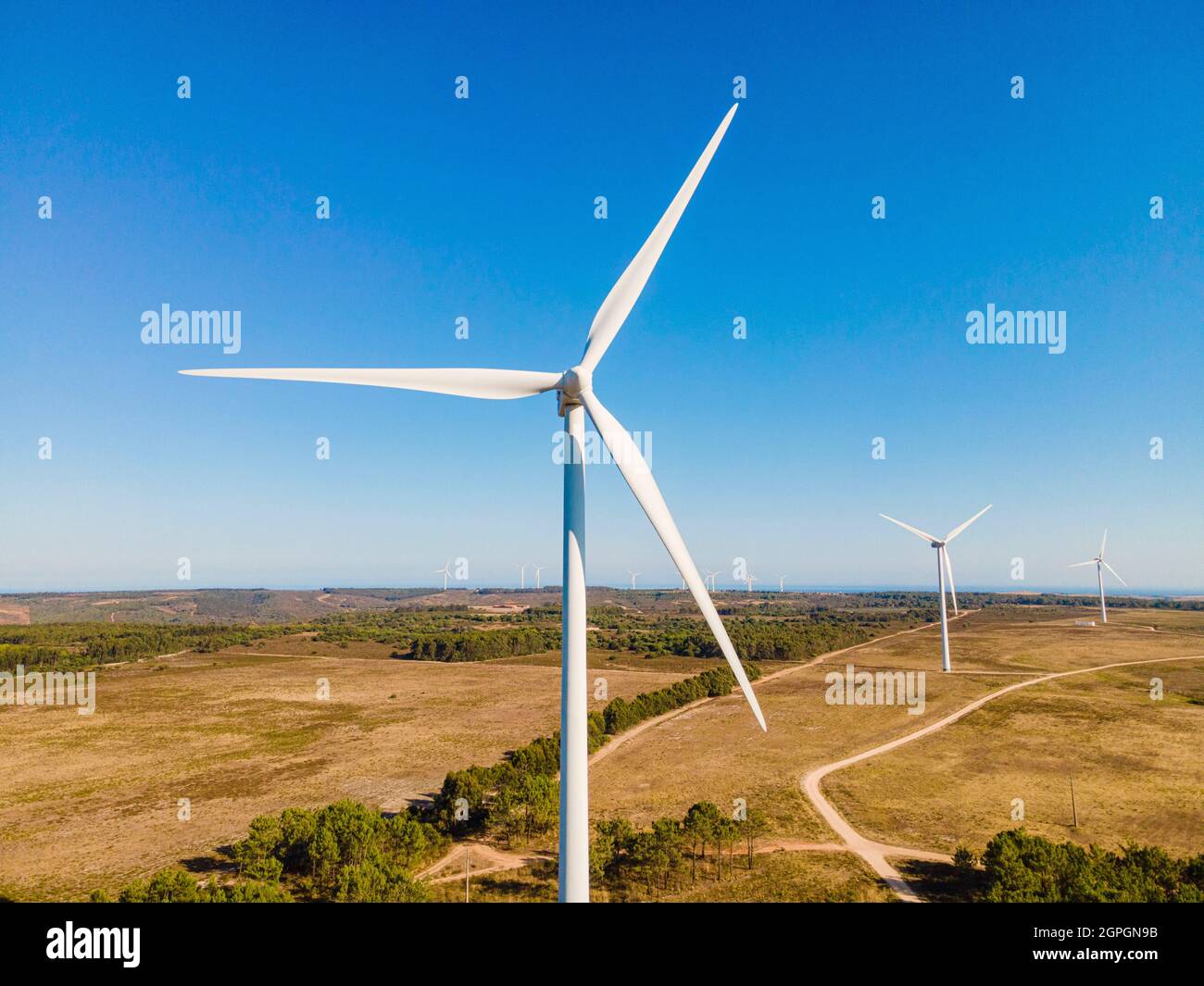 Portugal, Algarve, Sagres, Windkraftanlagen (Luftaufnahme) Stockfoto