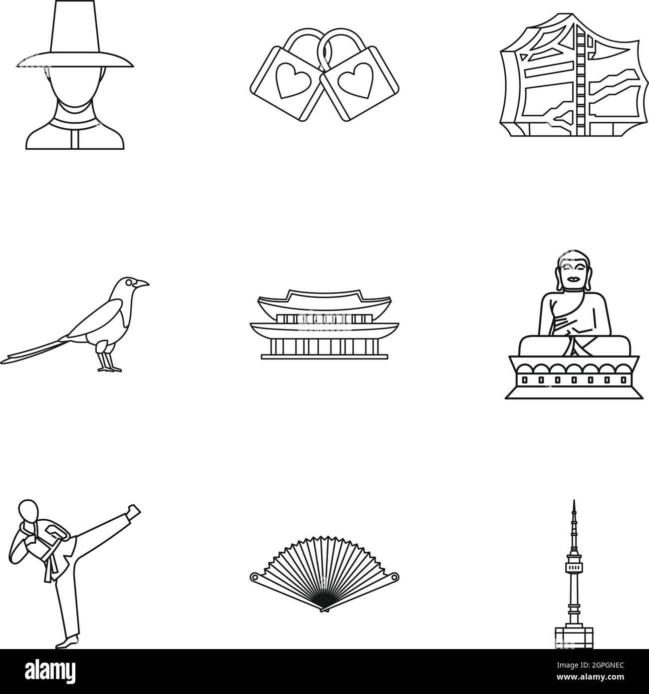 Land von Südkorea Icons Set, Umriss-Stil Stock Vektor