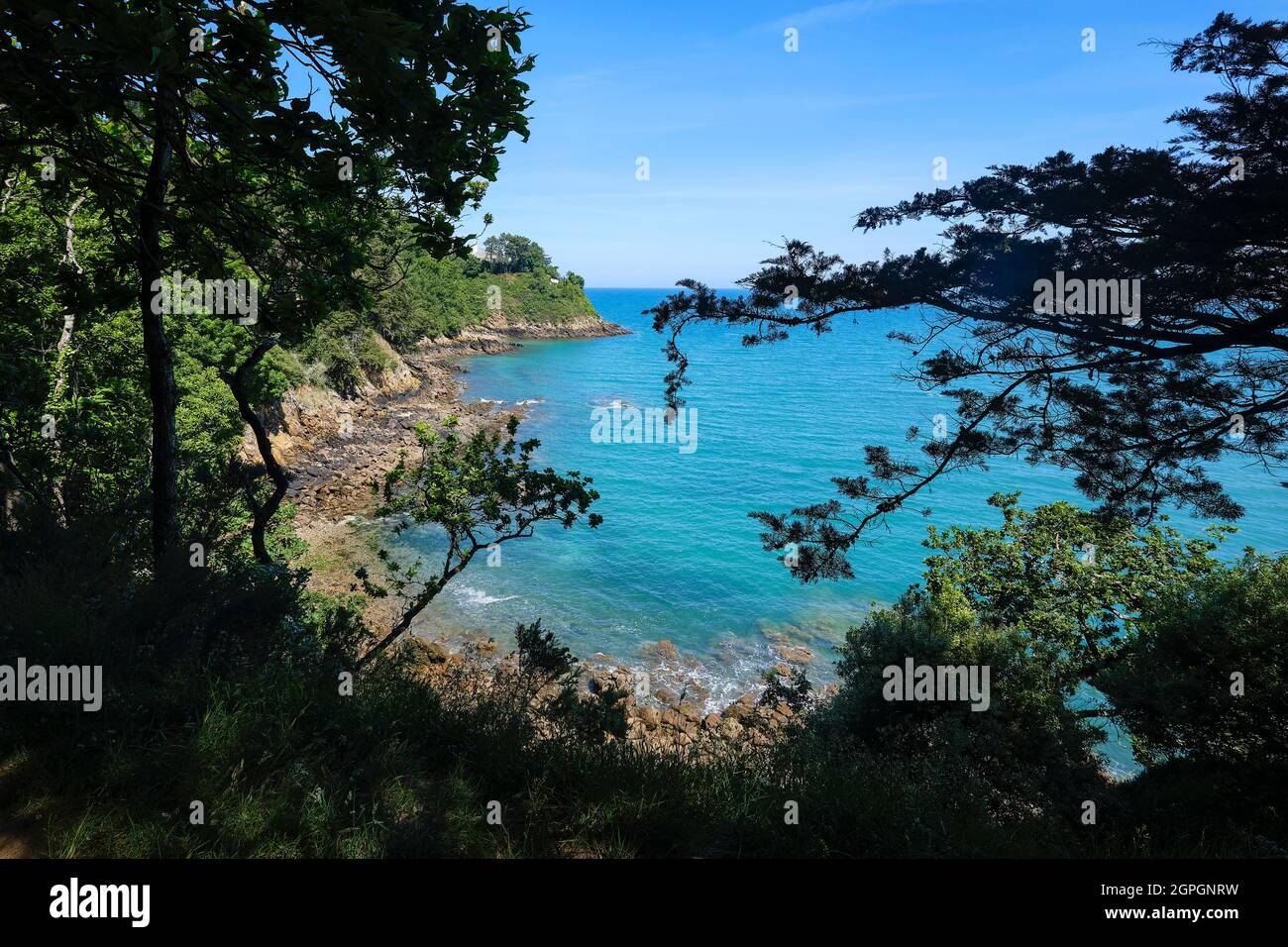 Frankreich, Cotes d'Armor, Cote d'Emeraude (Smaragdküste), Saint Cast le Guildo, die Küste von Saint-Jaguel vom Wanderweg GR 34 oder Zollweg aus gesehen Stockfoto