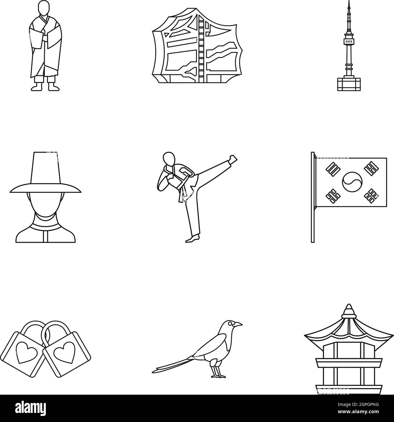 Aufenthalt in Südkorea Icons Set, Umriss-Stil Stock Vektor