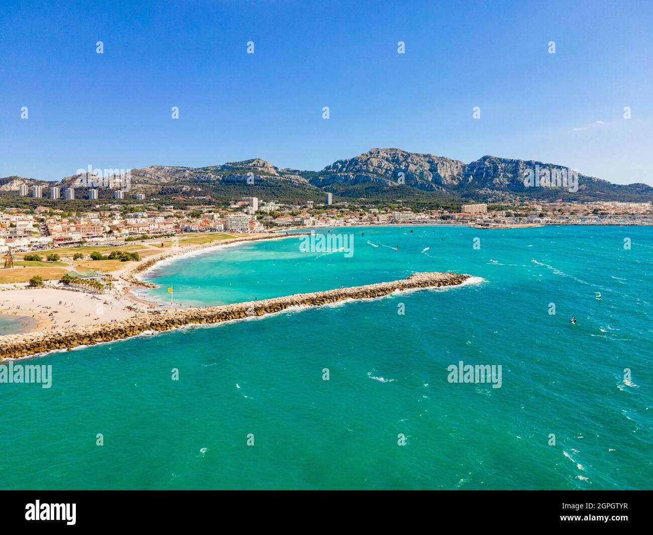 Frankreich, Bouches du Rhone, Marseille, Prado Strände (Luftaufnahme) Stockfoto