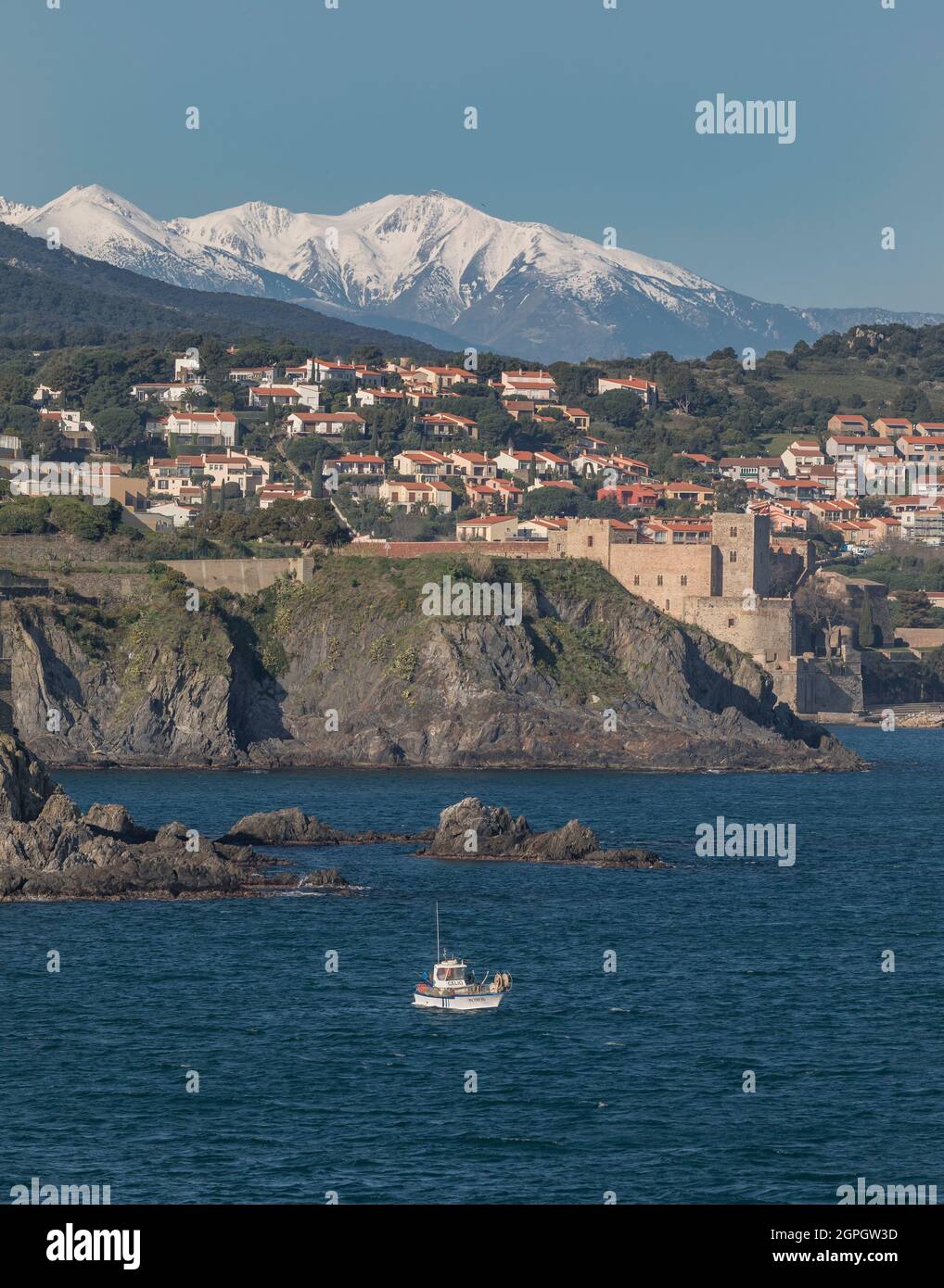 Frankreich, Pyrenäen-Orientales, Collioure und das schneebedeckte Canigou-Massiv Stockfoto