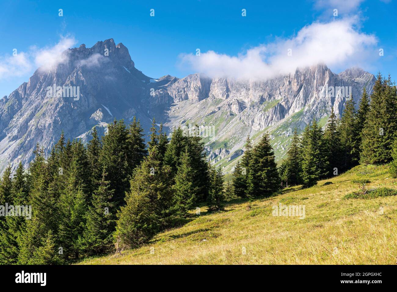 Frankreich, Haute-Savoie (74), Massif du Mont Blanc, les Contamines Montjoie, Col de la Fenêtre, les Aiguilles de la Pennaz (2688m), le Col des Chasseurs und la Tête de la Cicle (2552 m) auf der rechten Seite Stockfoto