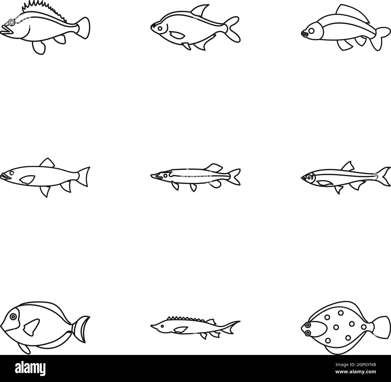 Marinefische Icons Set, Umriss-Stil Stock Vektor