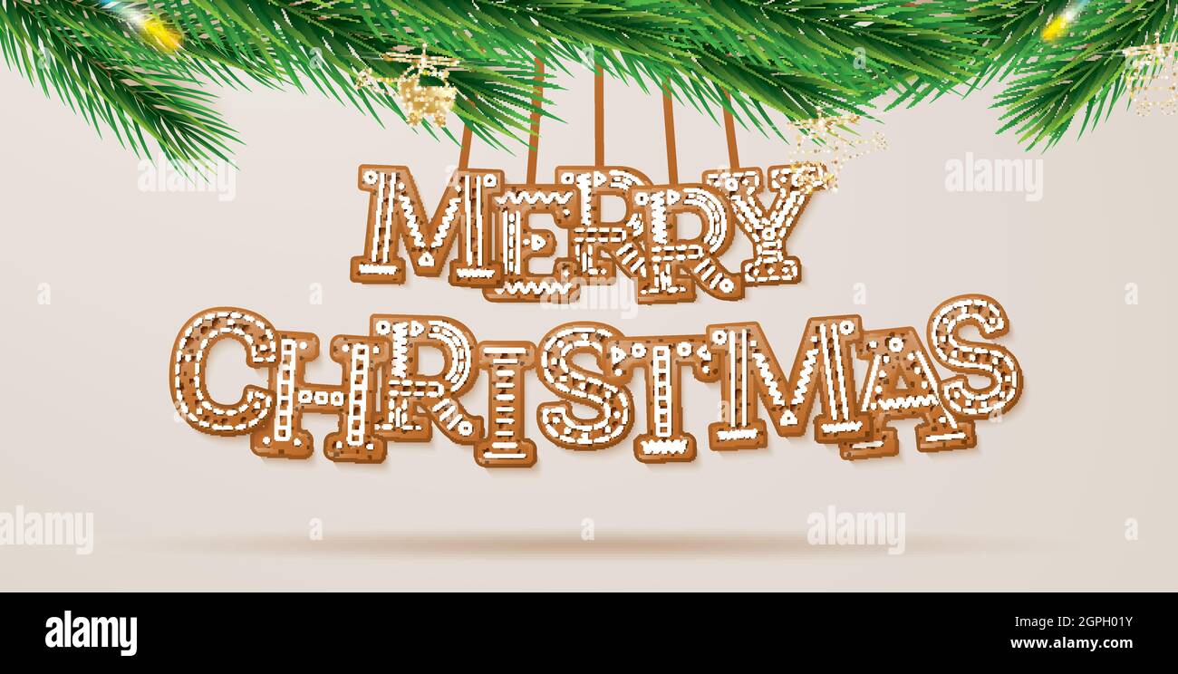 Frohe Weihnachten. Grußkarte mit glaztem Text im Cookie-Stil und grünem Tannenzweig. Frohes neues Jahr 2022 mit Lebkuchenbriefen. Stock Vektor