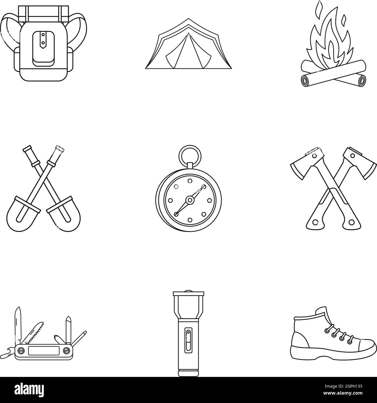Urlaub im Wald-Symbole-Set, Umriss-Stil Stock Vektor