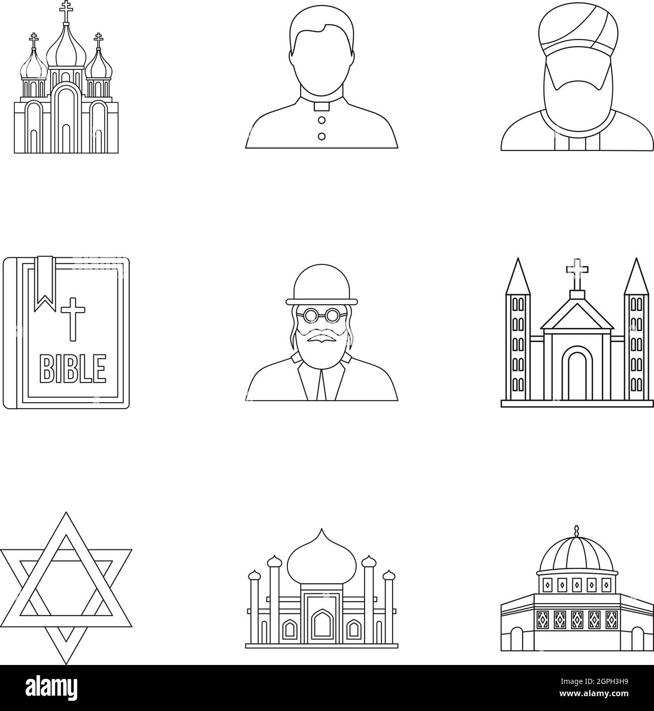Religiösen Glauben Icons Set, Umriss-Stil Stock Vektor