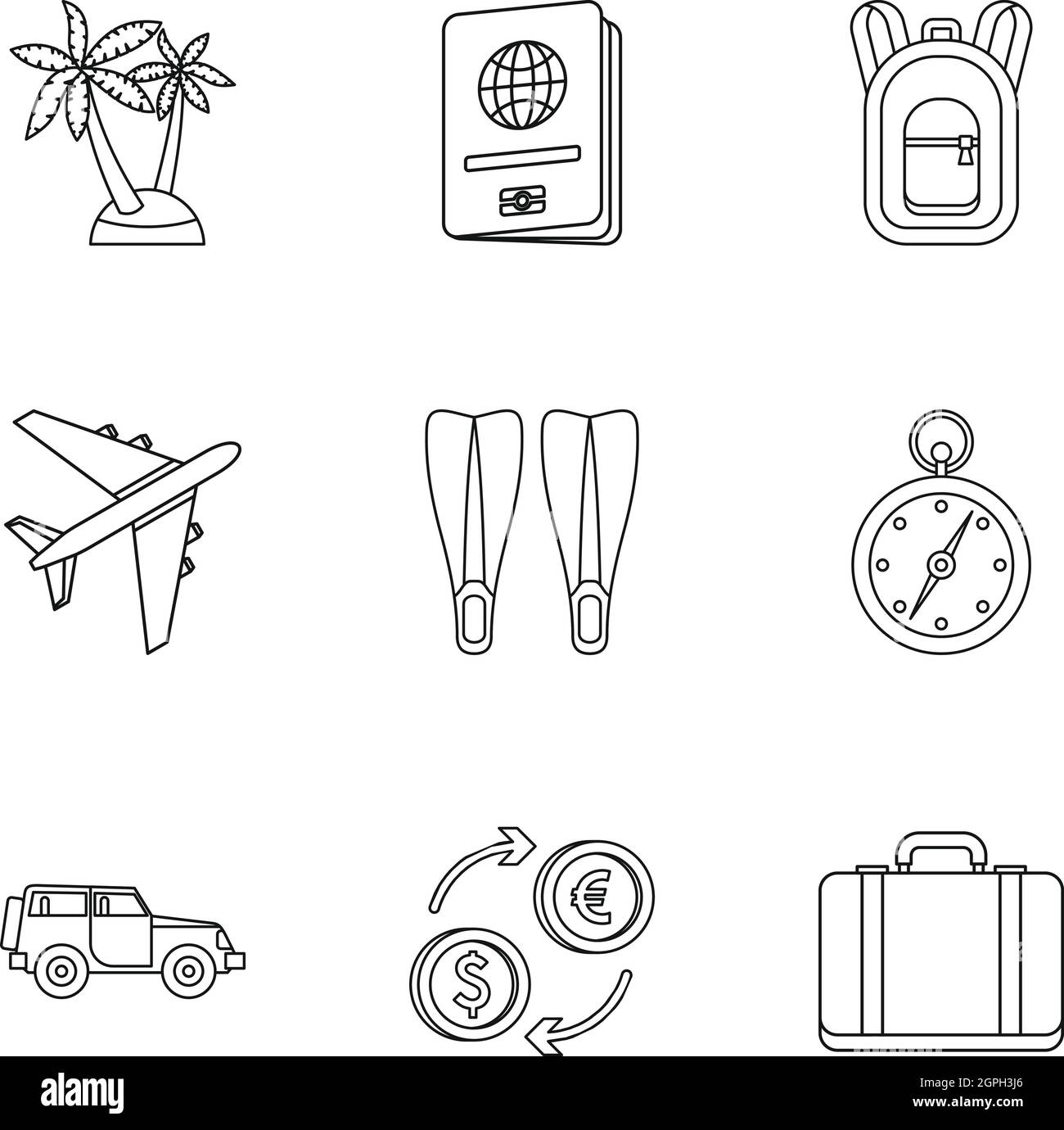 Tourismus am Meer Icons Set, Umriss-Stil Stock Vektor