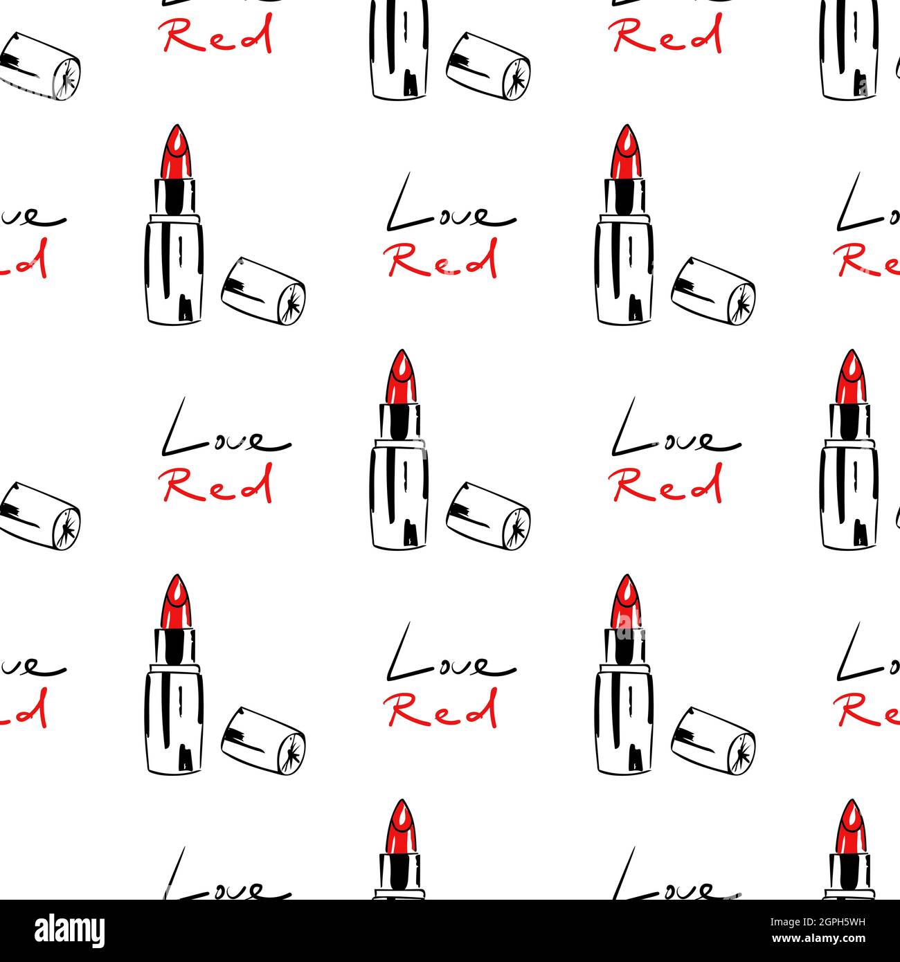 Nahtloses Muster mit rotem Lippenstift mit Mütze und Schriftzug Love Red. Abstrakter roter Hintergrund mit Lippenstift verschmiert. Stock Vektor