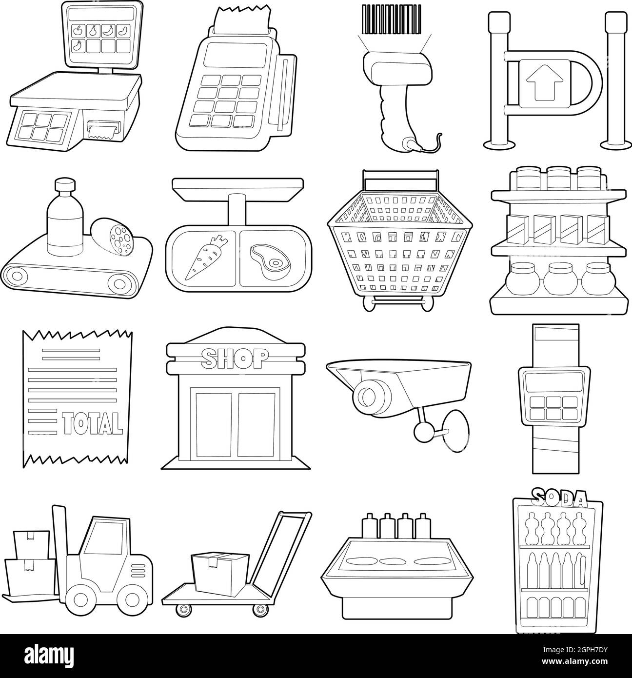 Supermarkt Artikel Icons Set, Umriss-Cartoon-Stil Stock Vektor