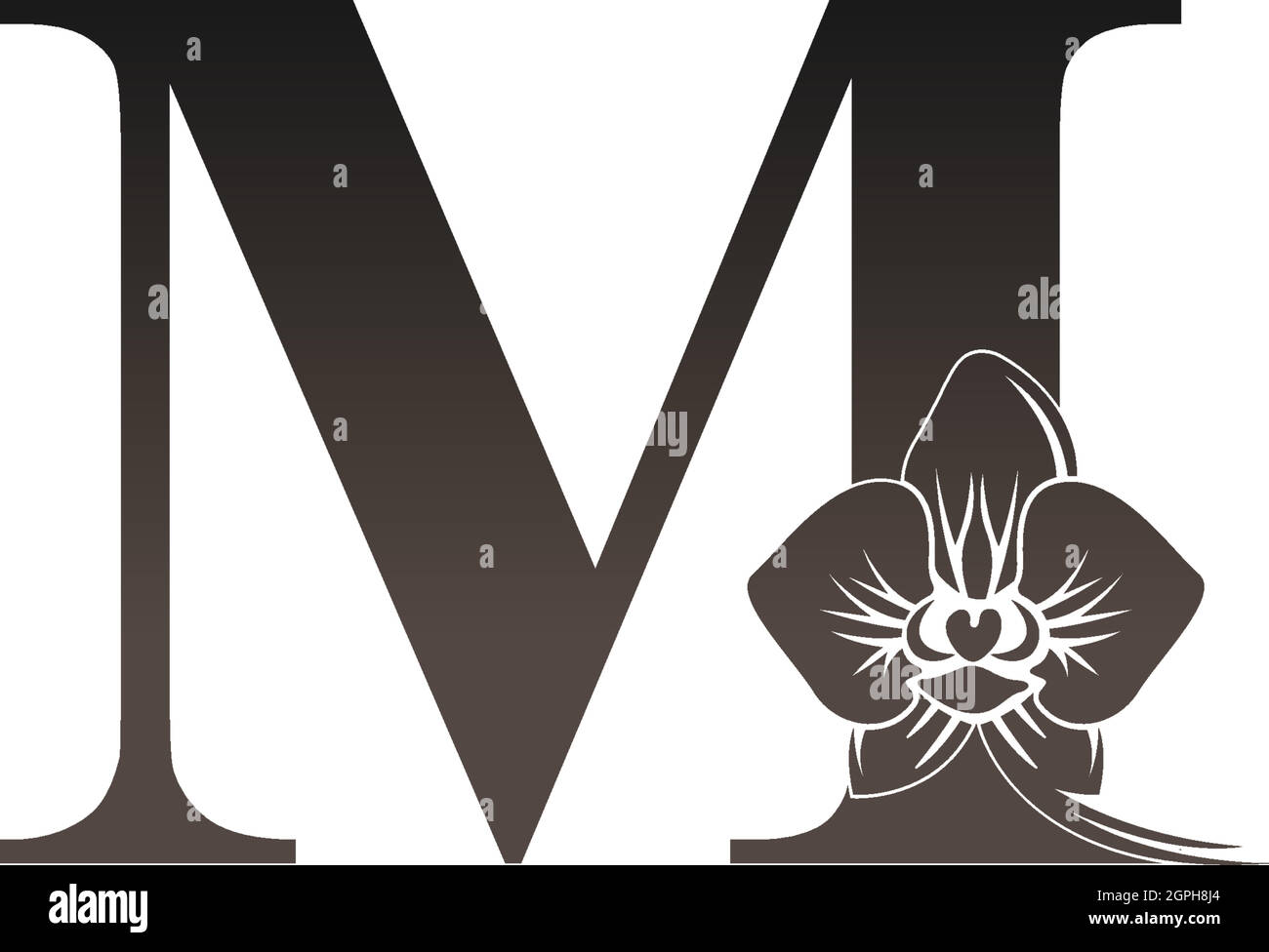Buchstabe M-Logo-Symbol mit schwarzem Orchideendesign-Vektor Stock Vektor