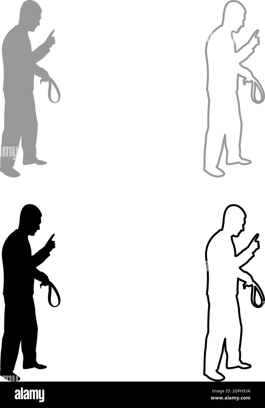 Wütender Mann mit Gürtel in der Hand für Strafe warnt Zeigefinger Gewalt in Familie Konzept Missbrauch Idee häusliche Probleme Wut männlich bedrohlich Opfer Soziales Problem Ehemann Vater emotional Aggression gegen Menschen Mobbing Silhouette grau schwarz col Stock Vektor