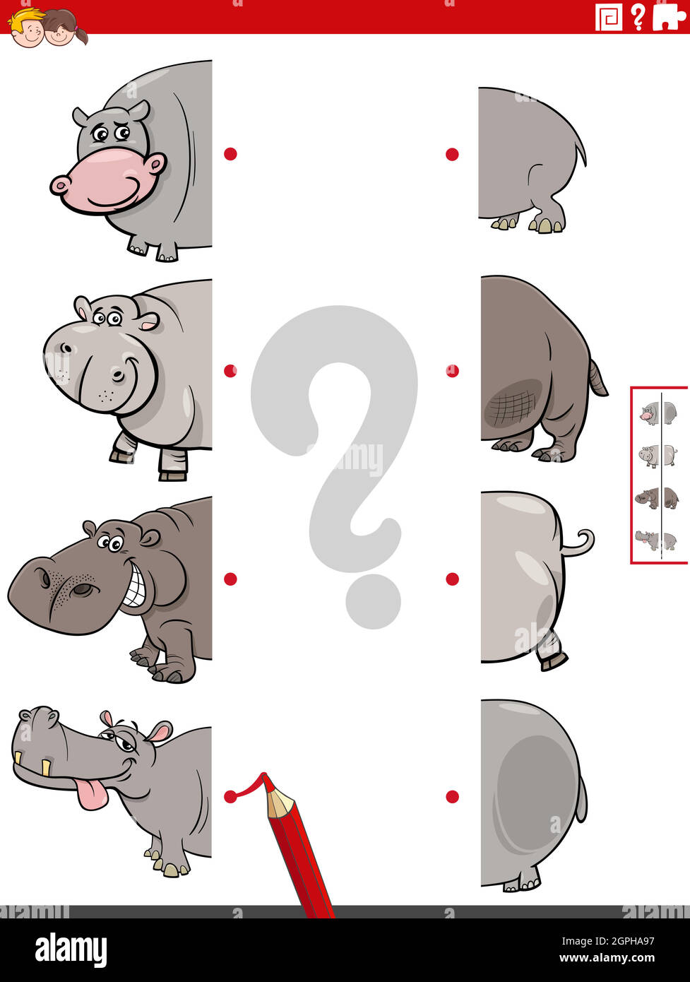 Spiel Hälften von Bildern mit Hippopotamus Lernspiel Stock Vektor