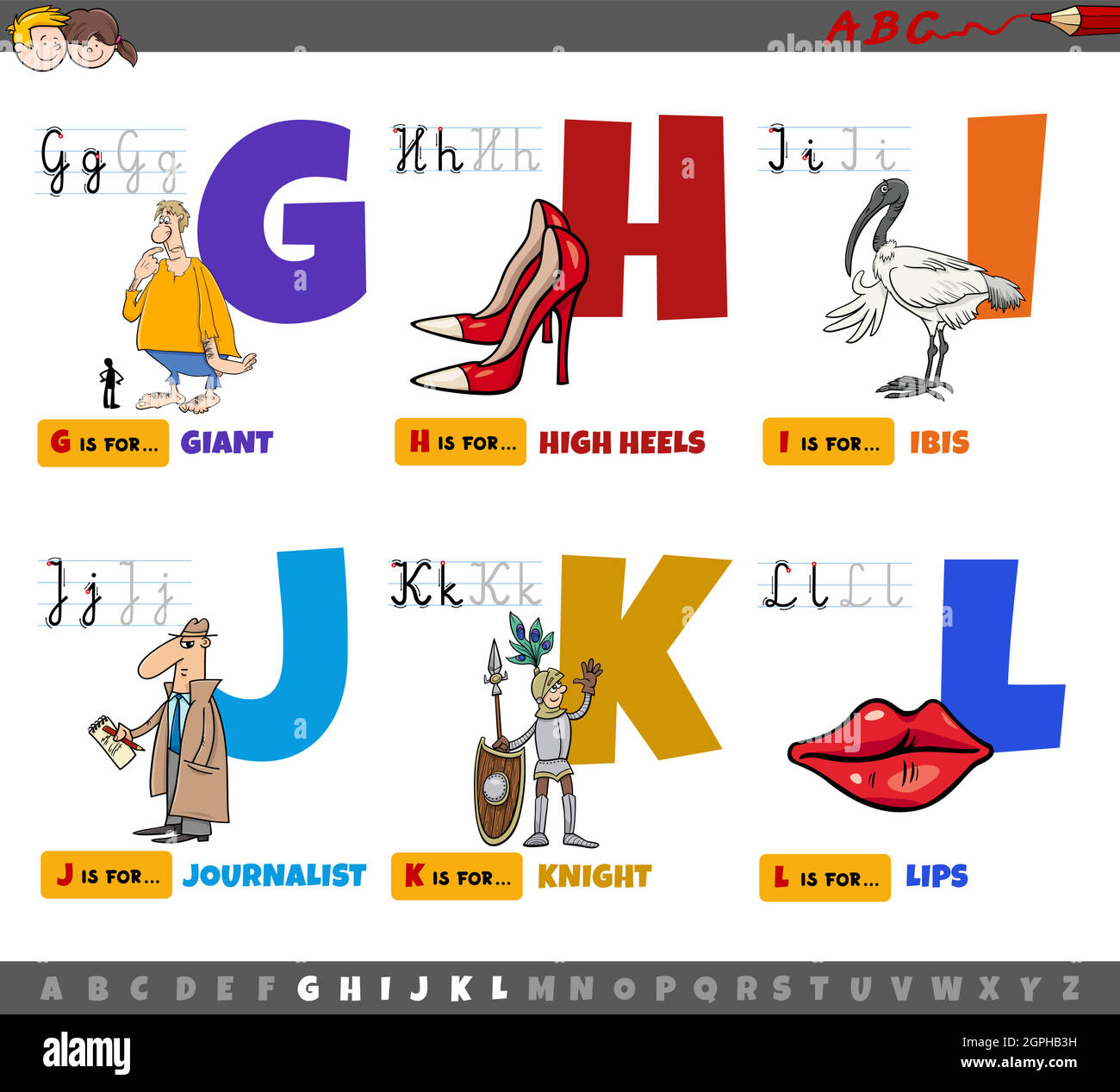 Pädagogische Cartoon Alphabet Buchstaben für Kinder von G bis L Stock Vektor
