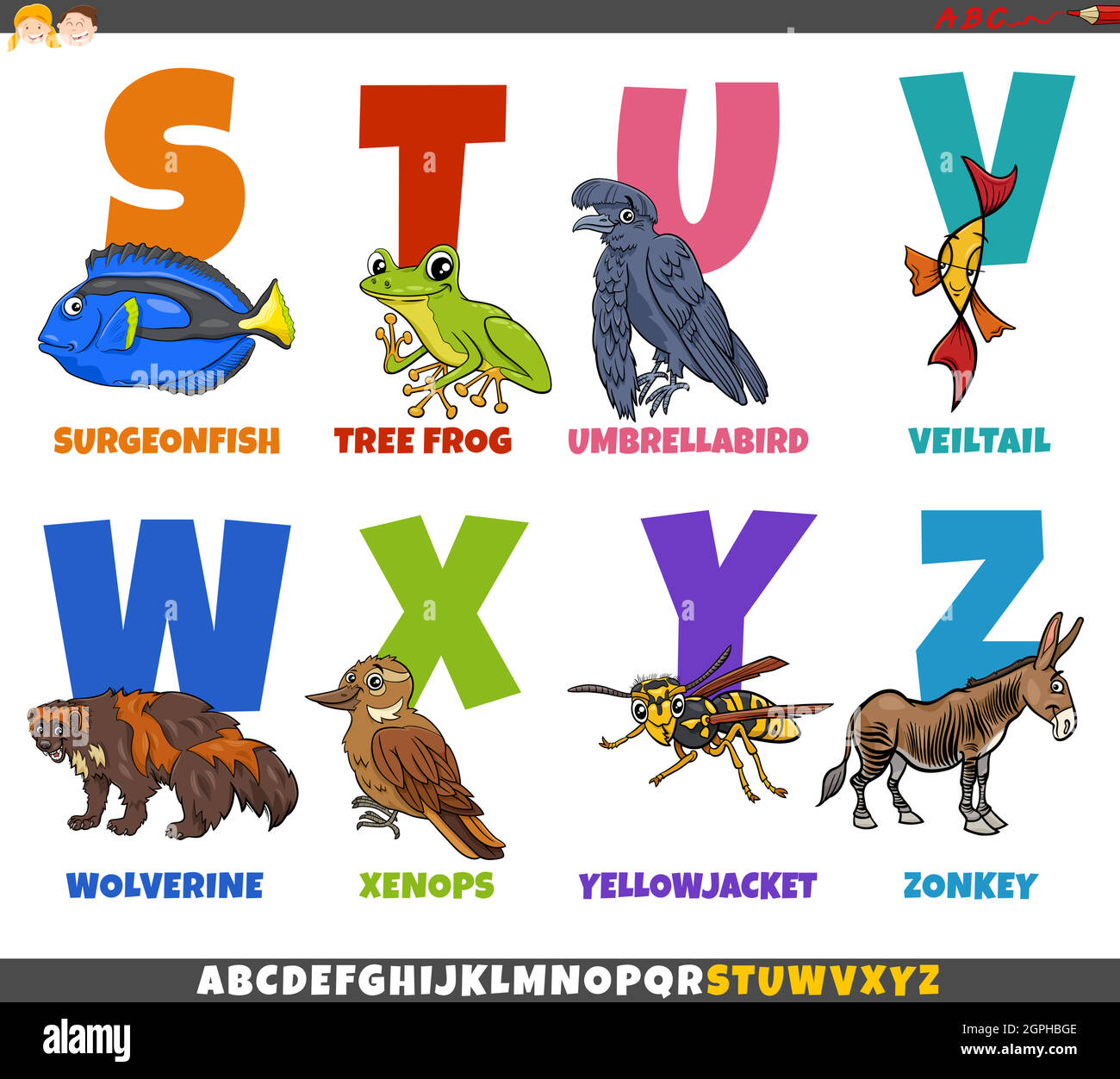 Pädagogische Cartoon-Alphabet mit Tierfiguren gesetzt Stock Vektor