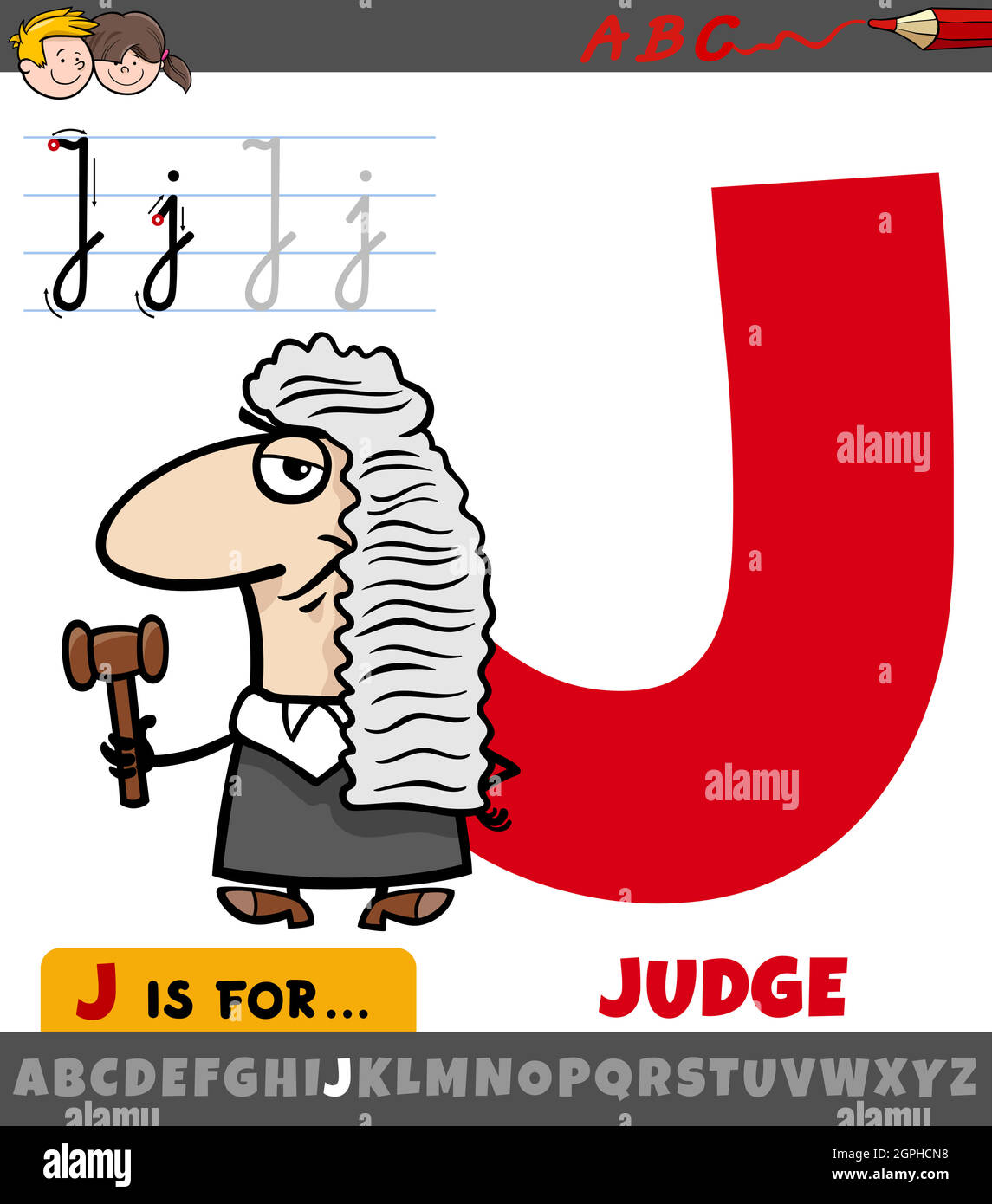 Buchstabe J aus Alphabet mit Cartoon Richter Charakter Stock Vektor