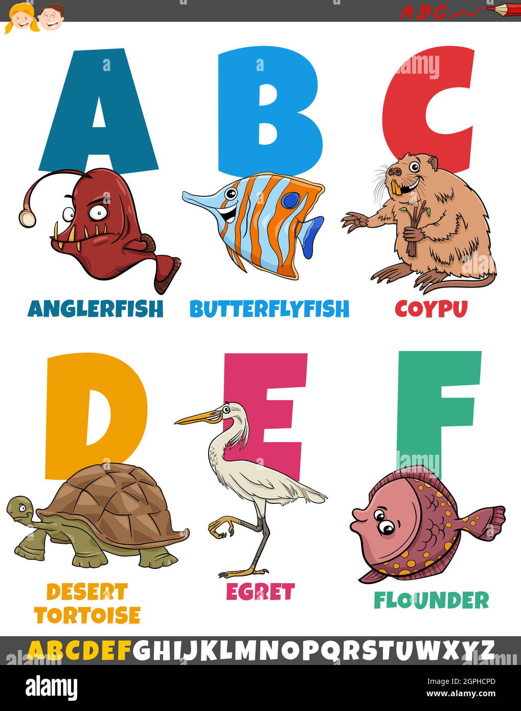 Pädagogische Cartoon Alphabet Sammlung mit lustigen Tieren Stock Vektor