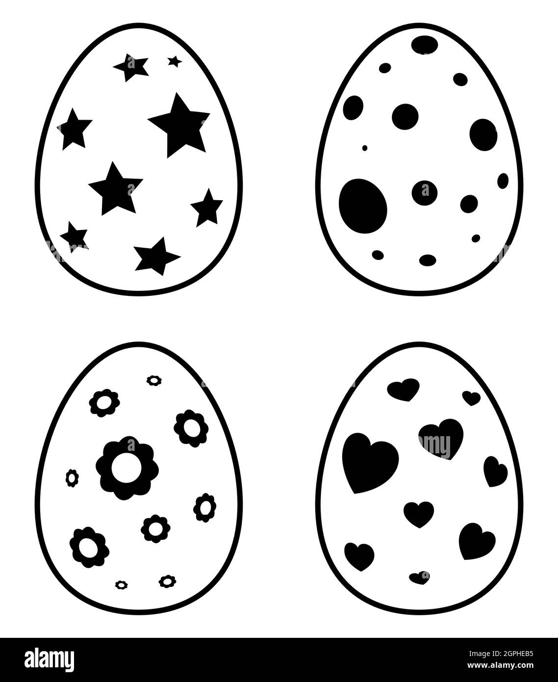 Ostereier Umriss Set. Sammlung von Frühlingssymbolen. Strichgrafiken Vektorgrafik isoliert auf Weiß. Stock Vektor