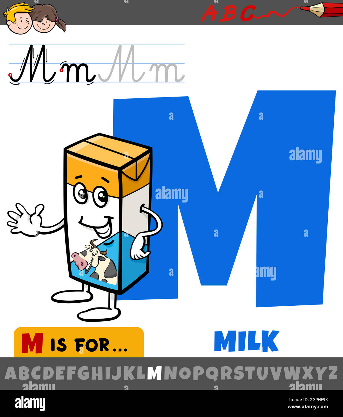 Buchstabe M aus Alphabet mit Cartoon-Milchbox Stock Vektor