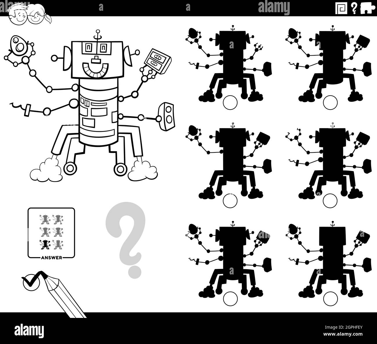 Shadows Spiel mit Cartoon Roboter Färbung Buch Seite Stock Vektor