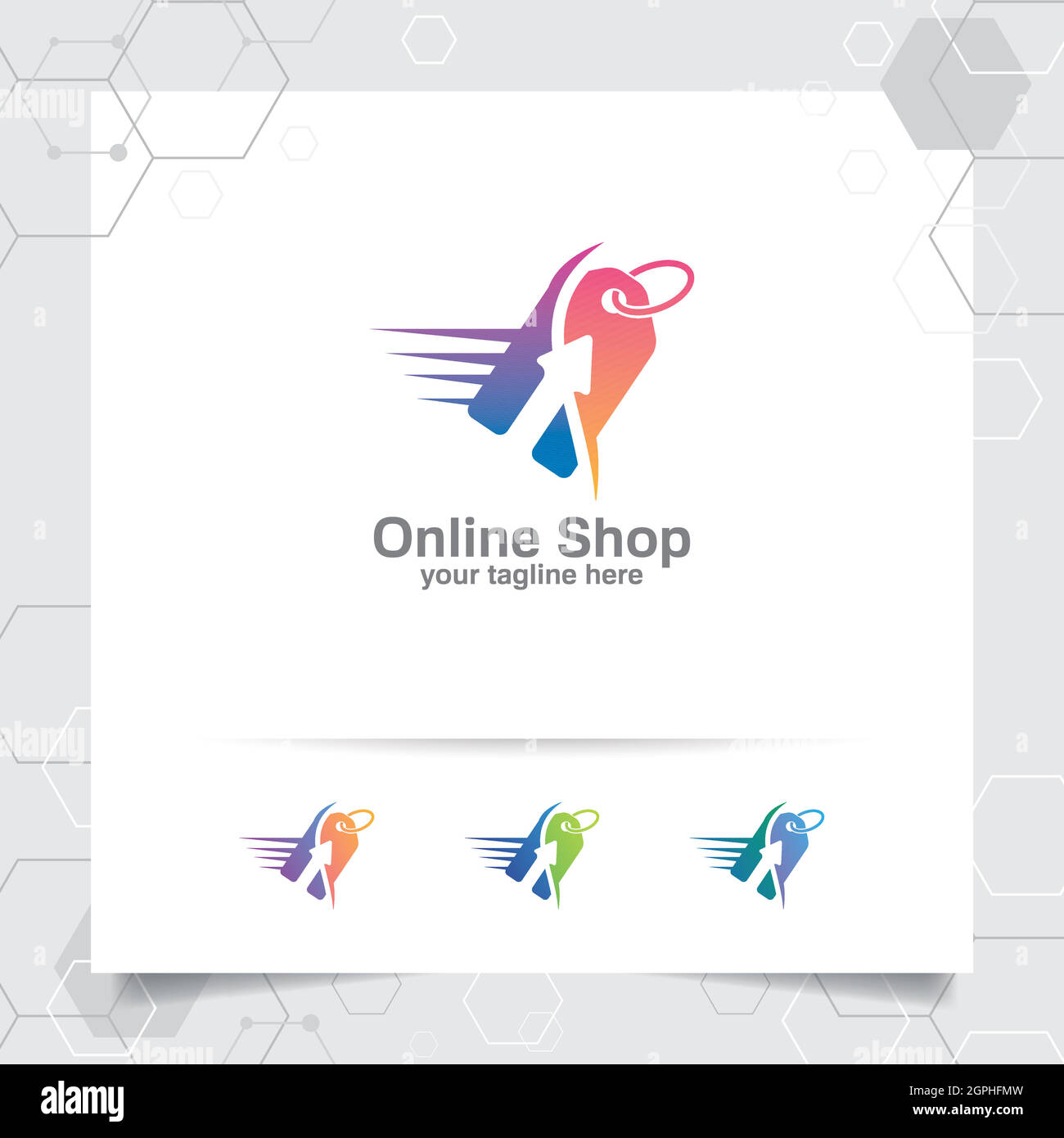 Shopping Logo Design Vektor Konzept von Preisschild Symbol und Pfeil Symbol für Online-Shop, Marktplatz, E-Commerce und Online-Shop. Stock Vektor