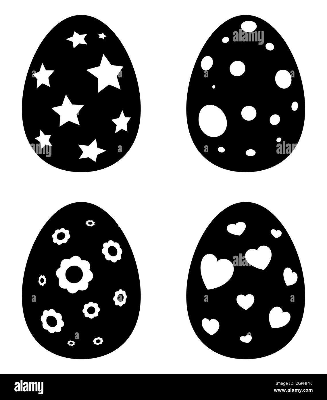 Osterei Silhouette Set. Sammlung von schwarzen Frühlingsferien Symbole. Vektorgrafik isoliert auf weißem Hintergrund. Stock Vektor