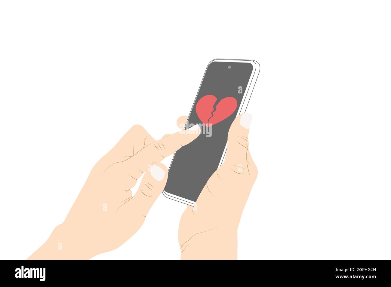 Senden gebrochenes Herz Emoji mit Telefon, Flirten, gebrochenes Herz Symbol, Frau Hand Senden einer Nachricht mit Telefon. Vektorgrafik Stock Vektor