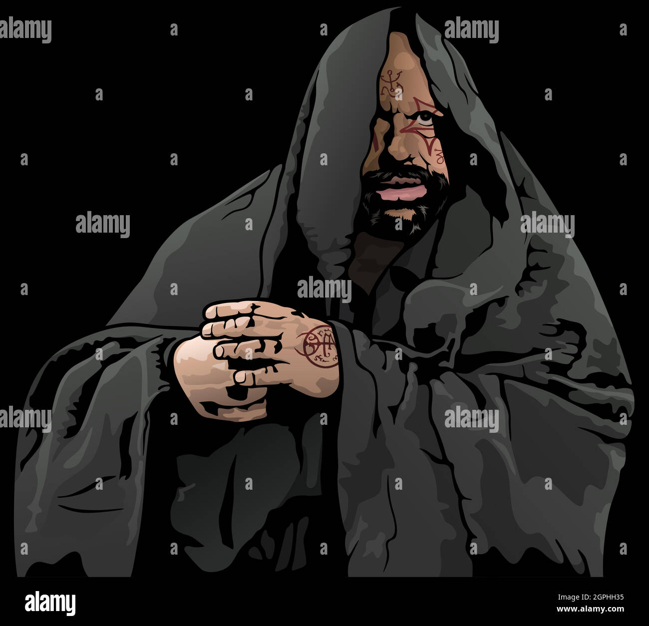Geheimnisvoller Mönch mit magischer Tätowierung Stock Vektor