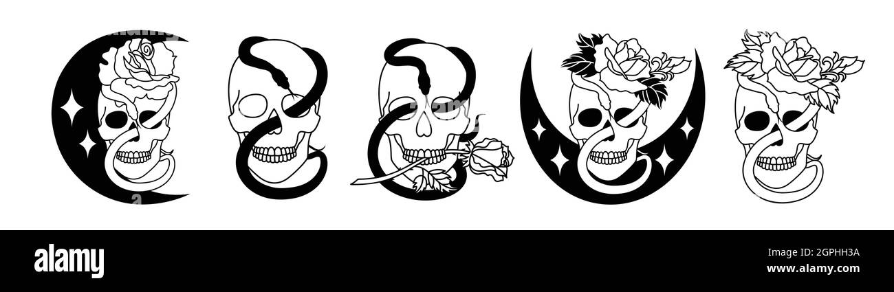 Set von Totenköpfen mit einer Rose im Line-Art-Stil. Stock Vektor