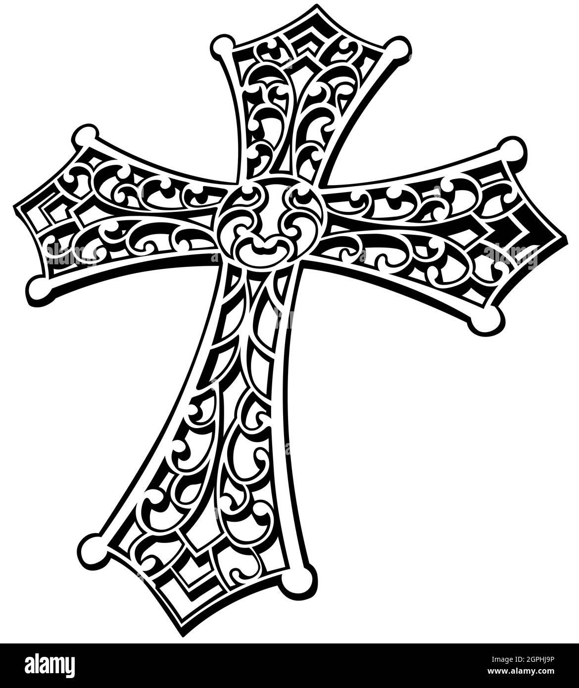 Schwarz-Weiß geschnitztes religiöses Kreuz Stock Vektor