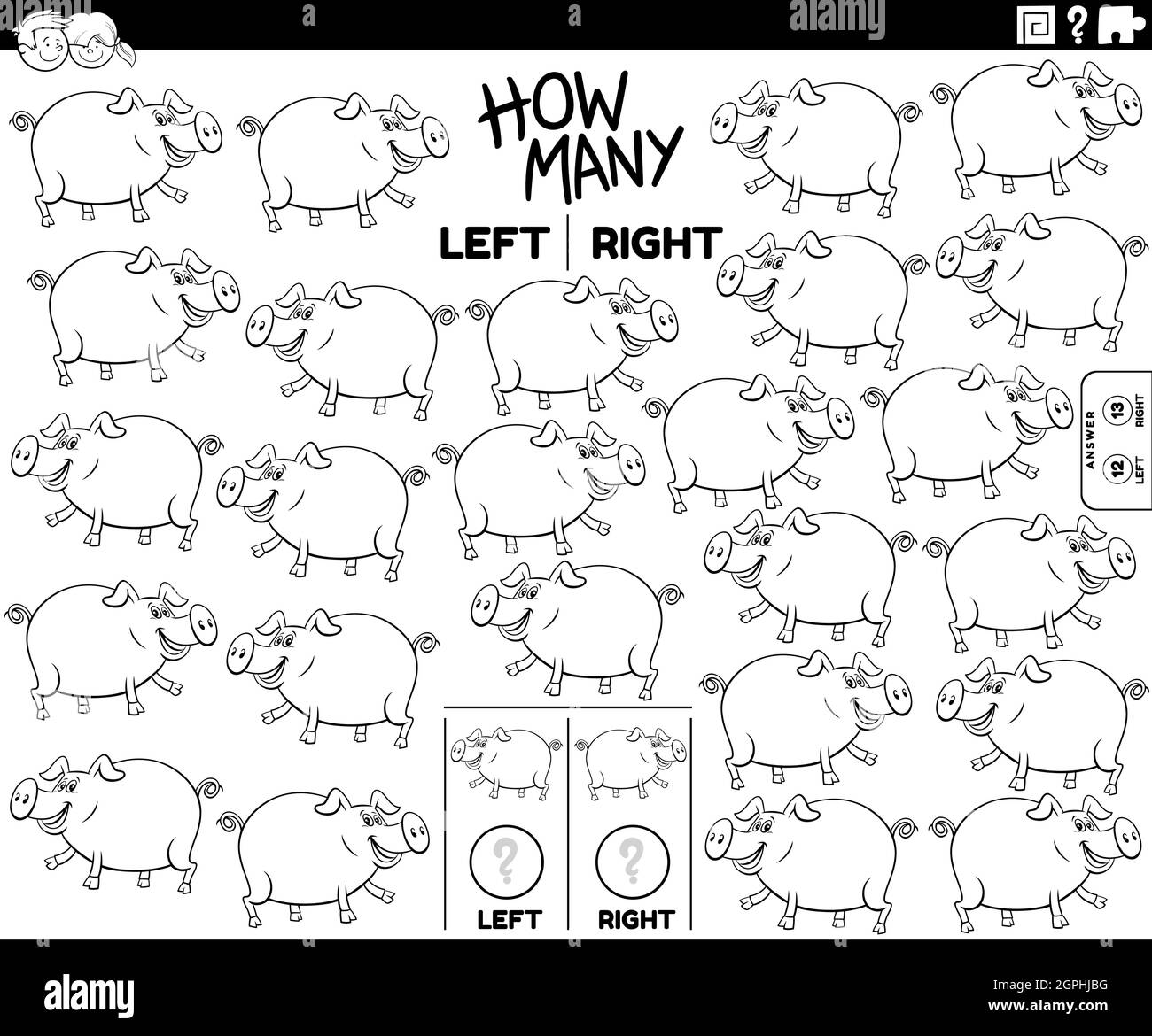 Zählen links und rechts Bilder von Cartoon Schwein Färbung Buch Seite Stock Vektor