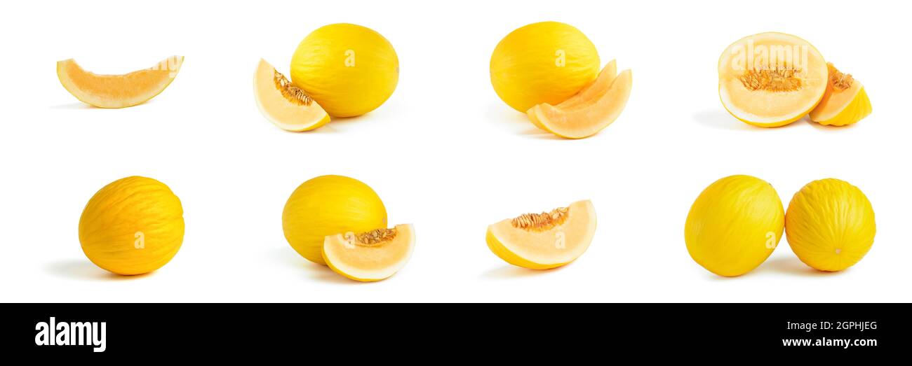 Melone Big Set auf weißem Hintergrund. Gelbe Melone auf einem weißen Isolat. Frisches, saftiges Stück Melone mit Schatten auf weißem Hintergrund. Zum Einsetzen in Stockfoto