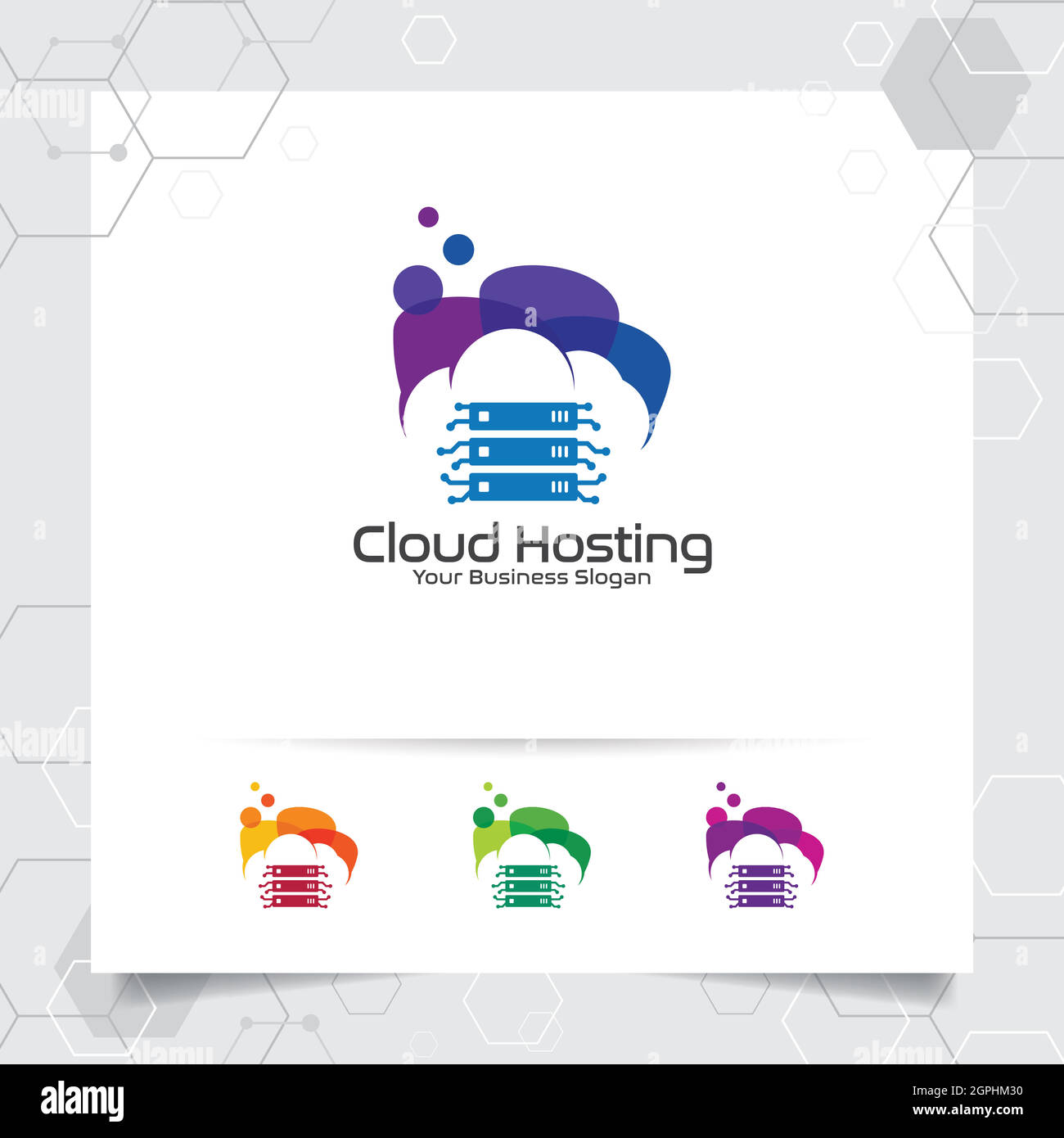 Logo-Vektor-Design für Cloud-Hosting mit Darstellung von Server- und Cloud-Symbolen für Hosting-Provider, Server-Rack und gemeinsamen Speicher. Stock Vektor
