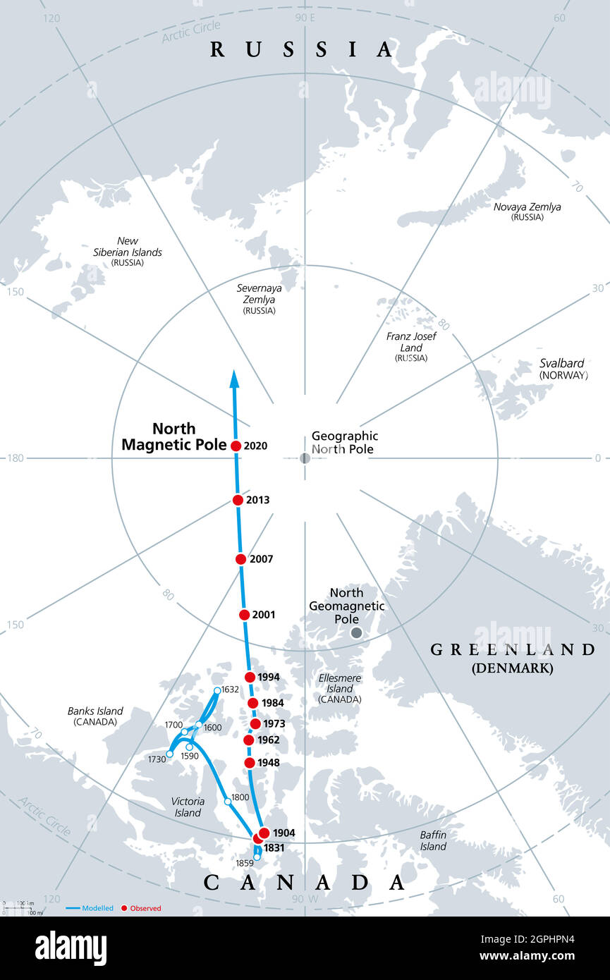 Polardrift, Bewegung des magnetischen Nordpols, graue politische Karte Stock Vektor