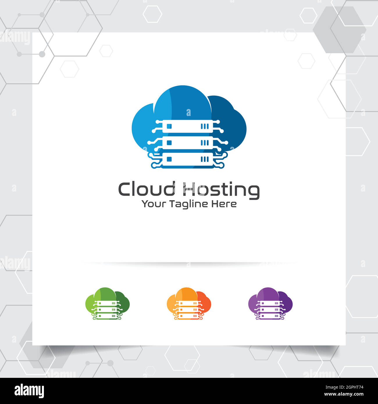 Logo-Vektor-Design für Cloud-Hosting mit Darstellung von Server- und Cloud-Symbolen für Hosting-Provider, Server-Rack und gemeinsamen Speicher. Stock Vektor