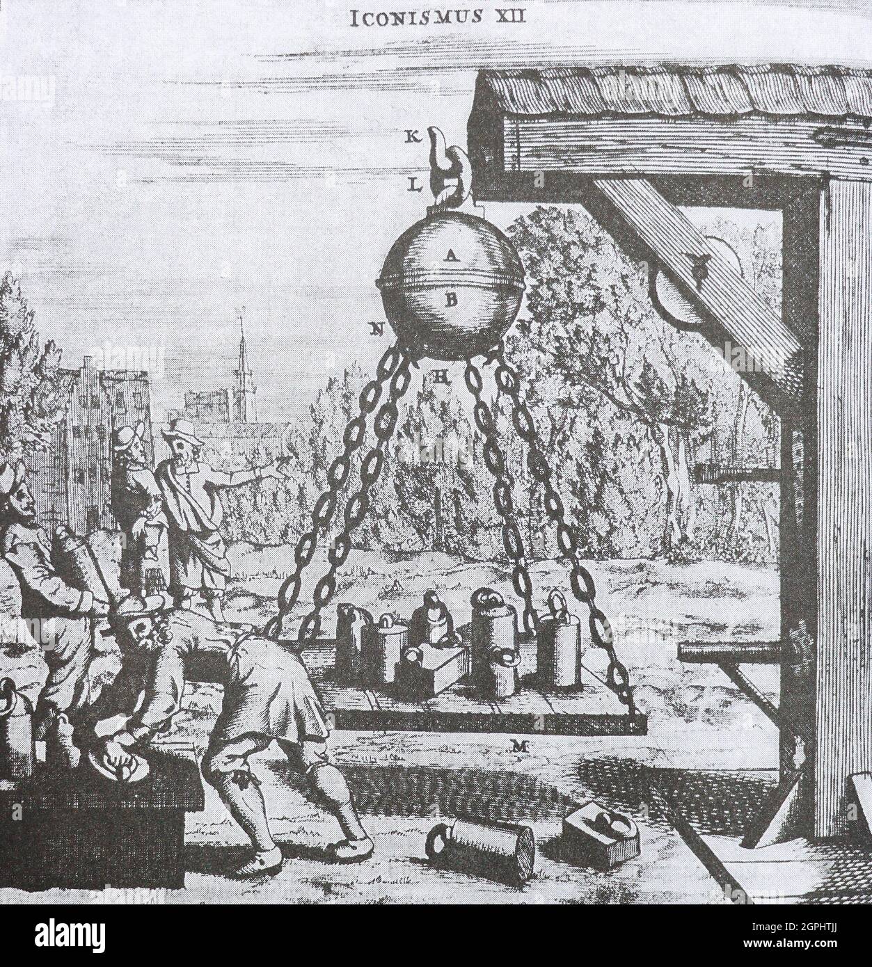 Otto von Guericke. Luftdruckexperiment. Mittelalterliche Gravur. Otto von Guerickes Demonstration der Kraft des Luftdrucks, Regensburg, 1654. Eine Plattform wurde vom Boden einer evakuierten Kugel aus zwei Kupfer-Hemisphären aufgehängt, und es wurden immer mehr Gewichte darauf gelegt. Aus von Guerickes Experimenta Nova (ut vocantur) Magdeburgica de vacuo Spatio ('Neue Magdeburger Experimente über das Vakuum'), 1672. Stockfoto