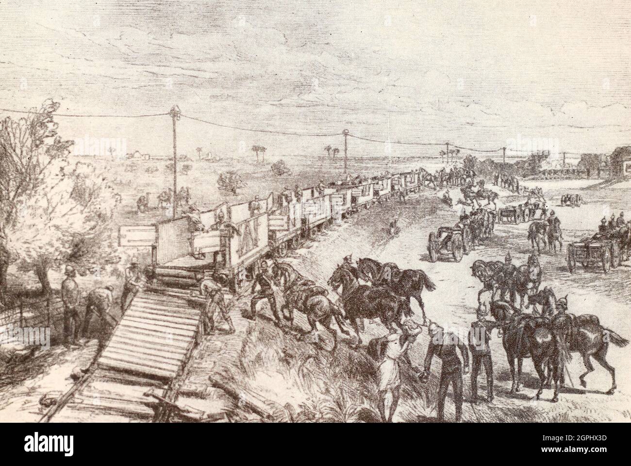 Transport der britischen Artillerie auf der Schiene in Indien. Gravur von 1875. Stockfoto