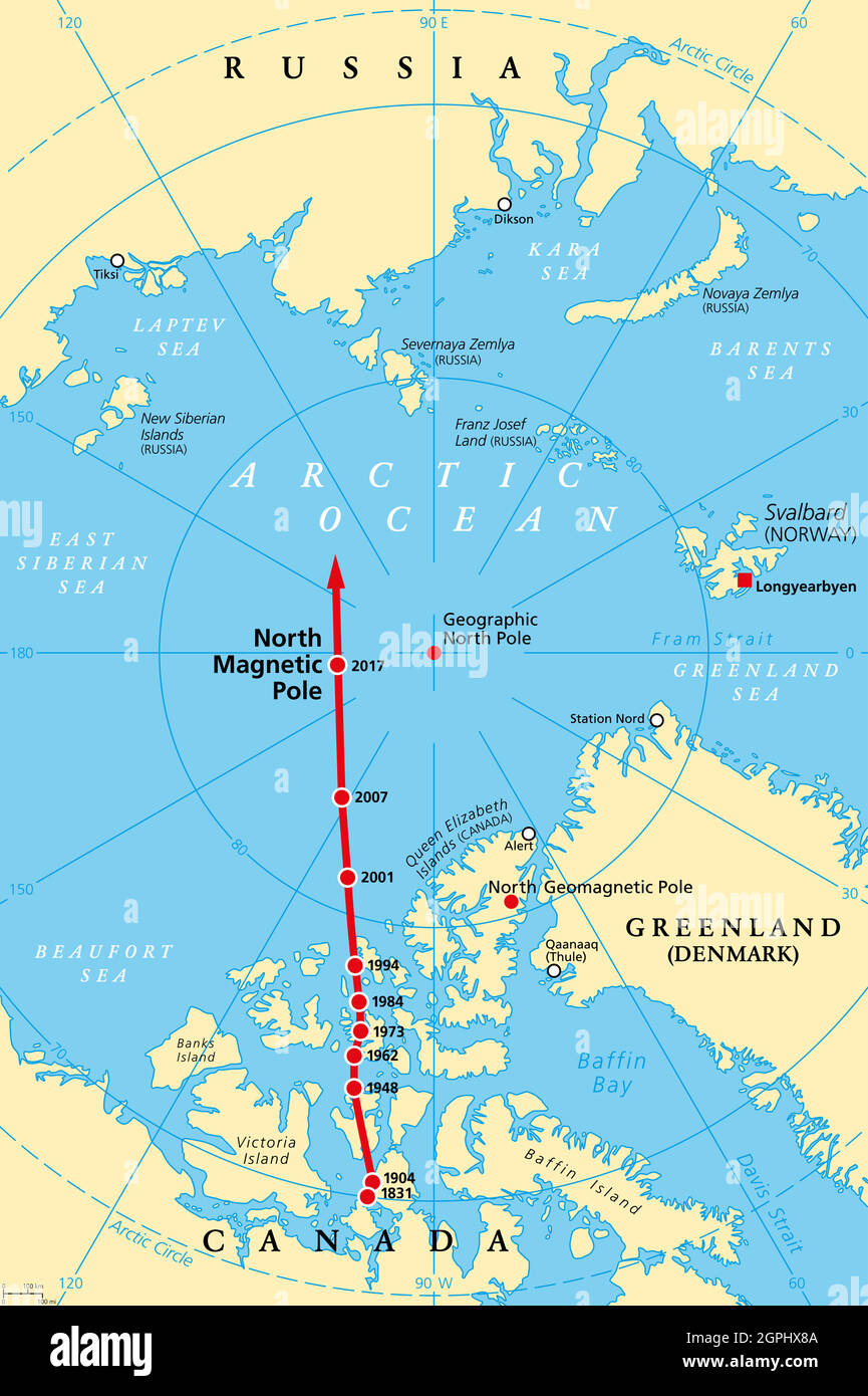 Magnetische Nordpoldrift, Bewegung des Nordmagnetpols, Karte Stock Vektor